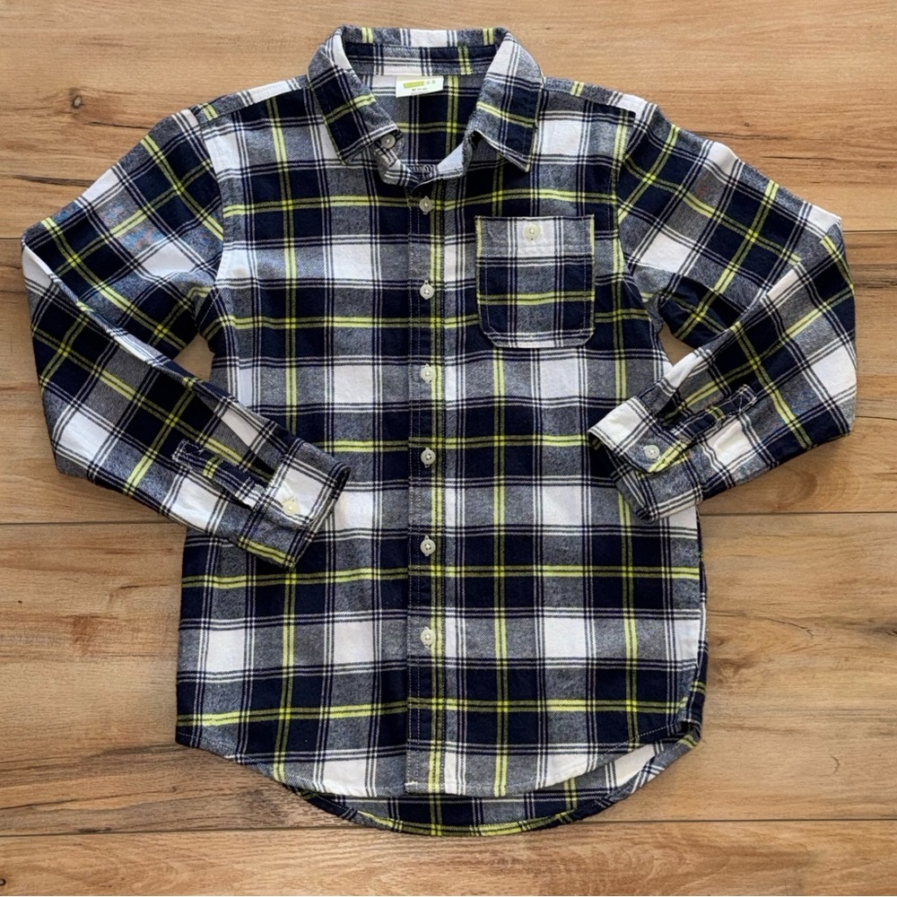 Crazy 8 Boys Medium Navy and Yellow Plaid Kids Button Down Shirt EUC
